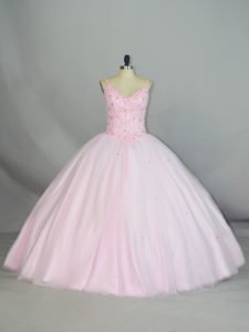 Baby Pink Lace Up Straps Beading and Lace Sweet 16 Quinceanera Dress Tulle Sleeveless