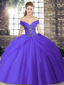 Extravagant Purple Tulle Lace Up Off The Shoulder Sleeveless Sweet 16 Dresses Brush Train Beading and Pick Ups