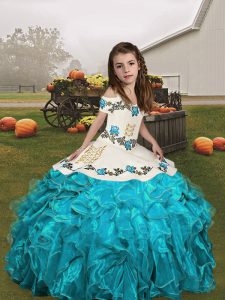 Shining Sleeveless Lace Up Floor Length Embroidery and Ruffles Little Girl Pageant Dress