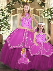 Deluxe Halter Top Sleeveless Satin and Tulle Sweet 16 Quinceanera Dress Embroidery Lace Up