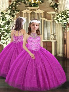 Fuchsia Halter Top Neckline Beading Girls Pageant Dresses Sleeveless Lace Up