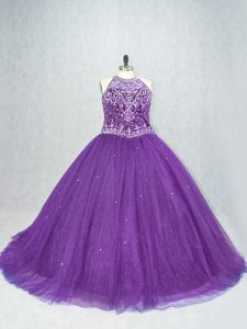 Best Purple Scoop Lace Up Beading 15 Quinceanera Dress Brush Train Sleeveless