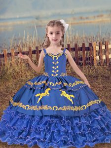 Blue Straps Lace Up Beading and Embroidery and Ruffled Layers Little Girls Pageant Gowns Sleeveless