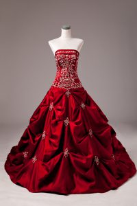 Wine Red Taffeta Lace Up Strapless Sleeveless Quinceanera Gown Brush Train Embroidery and Pick Ups