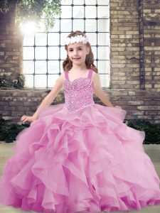 Ideal Lilac Sleeveless Beading and Ruffles Floor Length Kids Pageant Dress