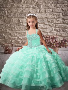 Brush Train Ball Gowns Girls Pageant Dresses Apple Green Straps Organza Sleeveless Lace Up