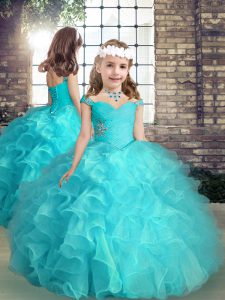 High Low Aqua Blue Little Girls Pageant Dress Wholesale Organza Sleeveless Beading and Ruffles