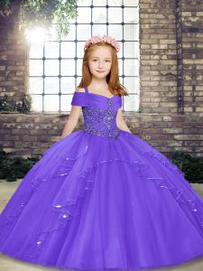 Sleeveless Floor Length Beading Lace Up Little Girls Pageant Dress with Lavender
