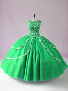 Customized Green Tulle Zipper Scoop Sleeveless Floor Length 15 Quinceanera Dress Beading