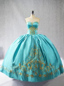 High End Sleeveless Satin Floor Length Lace Up Sweet 16 Dresses in Aqua Blue with Embroidery
