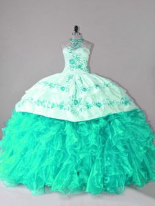 Sleeveless Court Train Embroidery and Ruffles Lace Up Quinceanera Gown