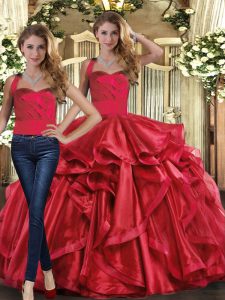 Dazzling Red Lace Up Halter Top Ruffles Vestidos de Quinceanera Organza Sleeveless