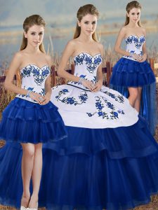Floor Length Lace Up Sweet 16 Quinceanera Dress Royal Blue for Military Ball and Sweet 16 and Quinceanera with Embroidery and Bowknot