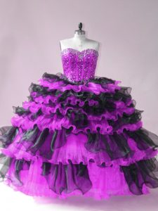 Modern Black And Purple Sweetheart Lace Up Beading and Ruffled Layers Sweet 16 Quinceanera Dress Sleeveless