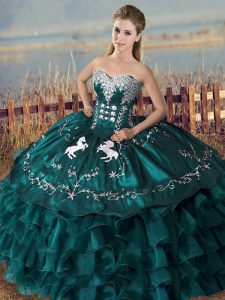 Eye-catching Peacock Green Sleeveless Floor Length Embroidery and Ruffles Lace Up Ball Gown Prom Dress