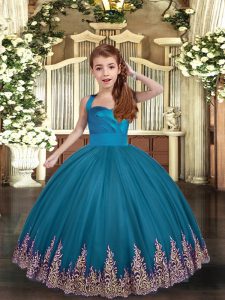 Appliques and Ruching Pageant Dresses Teal Lace Up Sleeveless Floor Length