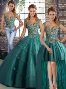 Sleeveless Floor Length Beading and Appliques Lace Up Sweet 16 Dresses with Teal