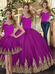 Trendy Fuchsia Tulle Lace Up Quinceanera Dress Sleeveless Floor Length Embroidery