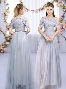 Customized Scoop Sleeveless Zipper Quinceanera Court of Honor Dress Grey Tulle