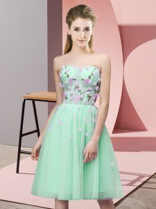Ideal Sleeveless Tulle Knee Length Lace Up Quinceanera Court of Honor Dress in Apple Green with Appliques