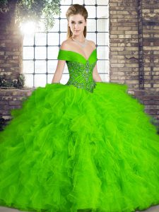 Green Tulle Lace Up Quinceanera Gowns Sleeveless Floor Length Beading and Ruffles