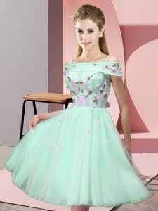 Ideal Apple Green Lace Up Off The Shoulder Appliques Quinceanera Dama Dress Tulle Short Sleeves