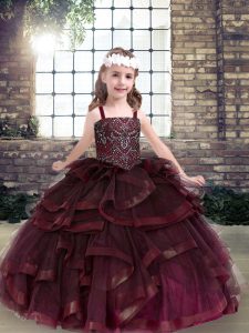 Shining Straps Sleeveless Tulle Kids Formal Wear Beading and Ruffles Lace Up