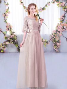 Pink Half Sleeves Tulle Side Zipper Dama Dress for Quinceanera for Wedding Party