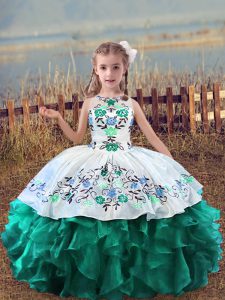 Unique Turquoise Scoop Neckline Embroidery and Ruffles Custom Made Pageant Dress Sleeveless Lace Up