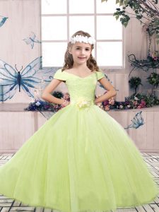 Yellow Green Tulle Lace Up Off The Shoulder Sleeveless Floor Length Pageant Gowns For Girls Lace and Belt