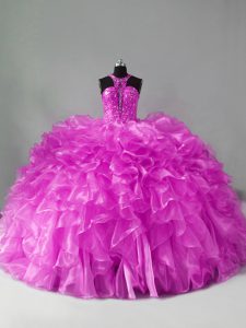 Best Organza Sleeveless Quince Ball Gowns Brush Train and Beading and Ruffles