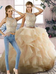 Delicate Champagne Tulle Zipper Ball Gown Prom Dress Sleeveless Floor Length Beading and Ruffles