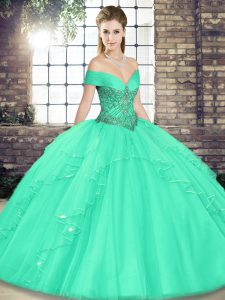 Apple Green Tulle Lace Up Quinceanera Dress Sleeveless Floor Length Beading and Ruffles