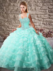 Glorious Aqua Blue Quinceanera Dresses Sweet 16 and Quinceanera with Beading and Ruffled Layers Straps Sleeveless Court Train Lace Up