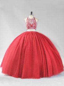 Sleeveless Floor Length Beading Backless Quinceanera Gown with Red