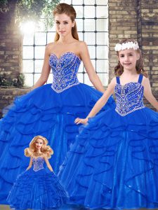 Tulle Sweetheart Sleeveless Lace Up Beading and Ruffles Quinceanera Dress in Royal Blue