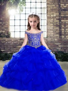 Fitting Floor Length Ball Gowns Sleeveless Royal Blue Kids Pageant Dress Lace Up
