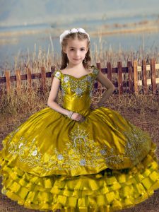Lovely Ball Gowns Kids Formal Wear Brown Off The Shoulder Satin and Organza Sleeveless Floor Length Lace Up