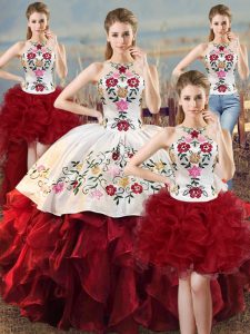White And Red Halter Top Lace Up Embroidery and Ruffles 15 Quinceanera Dress Sleeveless