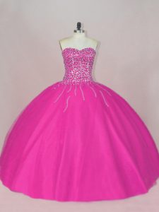 Customized Fuchsia Tulle Lace Up Sweetheart Sleeveless Asymmetrical Sweet 16 Dress Beading