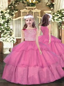 Amazing Sleeveless Floor Length Beading and Ruffled Layers Zipper Winning Pageant Gowns with Pink