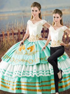 Simple Sleeveless Floor Length Embroidery and Ruffled Layers Lace Up Quinceanera Gowns with Apple Green