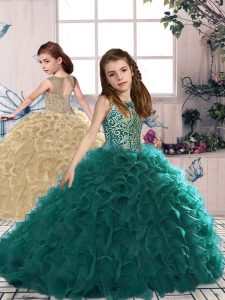 Elegant Turquoise Sleeveless Beading and Ruffles Floor Length Kids Pageant Dress