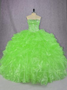 Nice Ball Gowns Organza Strapless Sleeveless Beading and Ruffles Floor Length Lace Up Quinceanera Dress