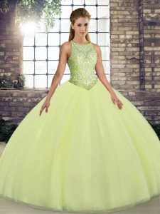 Artistic Yellow Green Tulle Lace Up Scoop Sleeveless Floor Length Quinceanera Dress Embroidery