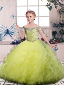 Yellow Green Tulle Side Zipper Off The Shoulder Sleeveless Floor Length Kids Pageant Dress Beading