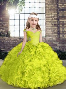 Low Price Yellow Green Ball Gowns Straps Sleeveless Organza and Fabric With Rolling Flowers Floor Length Lace Up Beading Girls Pageant Dresses