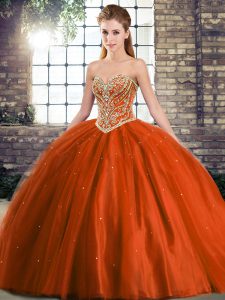 Gorgeous Rust Red Tulle Lace Up Sweetheart Sleeveless Quinceanera Gown Brush Train Beading