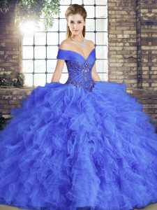 Attractive Blue Quinceanera Dresses Military Ball and Sweet 16 and Quinceanera with Beading and Ruffles Off The Shoulder Sleeveless Lace Up