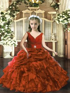 Amazing Brown Backless V-neck Beading and Ruffles and Pick Ups Pageant Gowns For Girls Organza Sleeveless